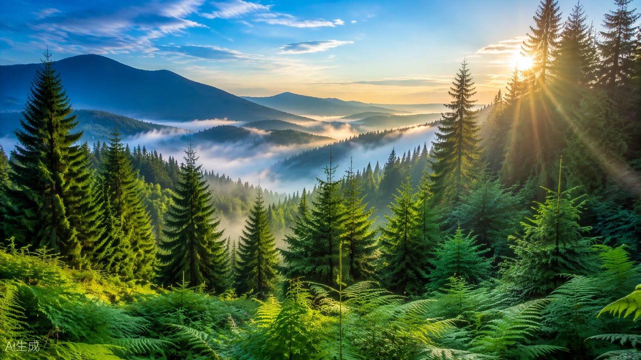Pădure verde în razele soarelui