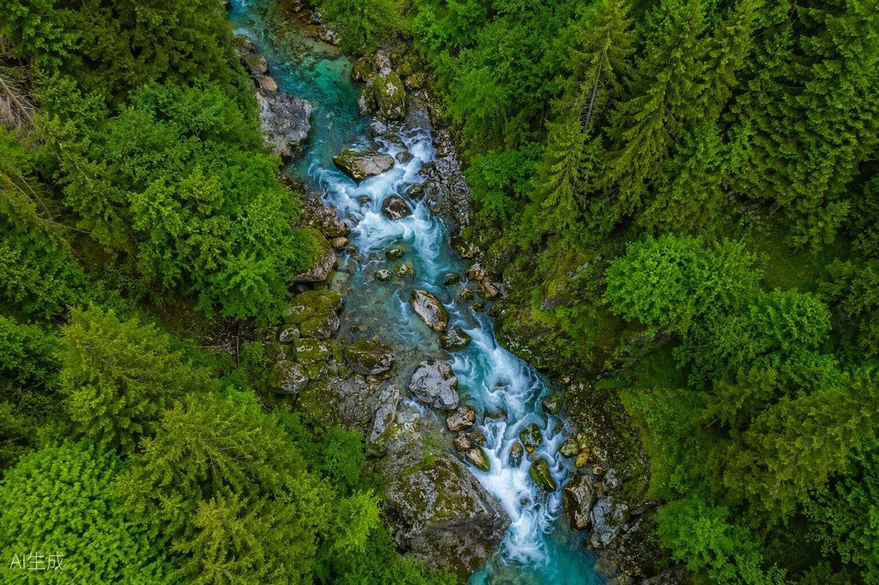 Râu de munte prin pădurea verde